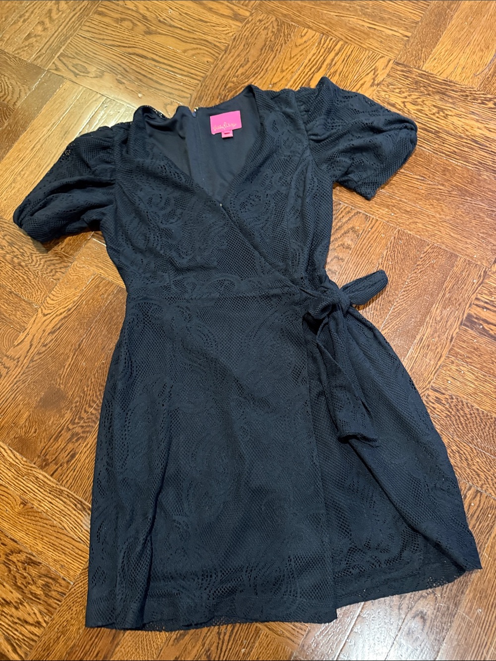 Lilly Pulitzer Black Lace Wrap Dress with Tie Waist. Built in shorts.